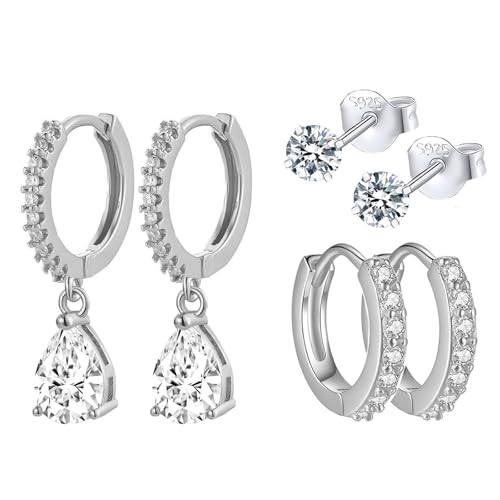 HinDaLi 3 Paar Ohrringe Silber 925 Set Ohrringe Creolen Silber Ohrstecker Damen Klein Ohrringe Hängend Mädchen Ohrringe Silber Stecker Ohrringe Damen Hängend Ohrringe Herren Diamant Ohrhänger Frauen von HinDaLi