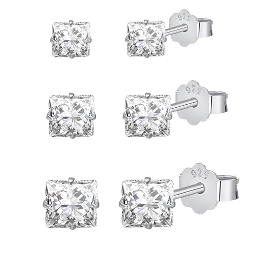 HinDaLi 3 Paar Quadratische Ohrringe Silber 925 für Damen Männer Frauen Mädchen Diamant Ohrringe Stecker Quadratische Ohrstecker Damen Zirkonia Glitzer Kleine Knorpel Tragus Set von HinDaLi