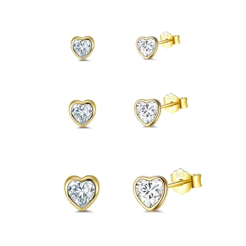 HinDaLi 3 Paar Ohrringe Sterling Silber 925 Stecker für Damen Mädchen Ohrringe Diamant Gold Ohrstecker Herz Knorpel Ohrringe Damen Ohrringe Herz Hypoallergen Ohrringe Gold Set Ohrstecker Damen von HinDaLi