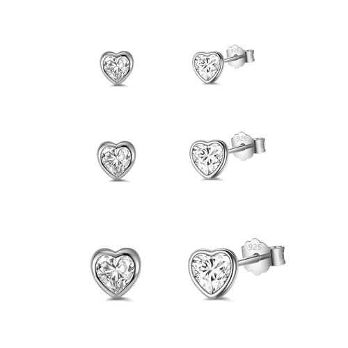 HinDaLi 3 Paar Ohrringe Sterling Silber 925 Stecker für Damen Mädchen Ohrringe Diamant Silber Ohrstecker Herz Knorpel Ohrringe Damen Ohrringe Herz Hypoallergen Ohrringe Silber Set Ohrstecker Damen von HinDaLi
