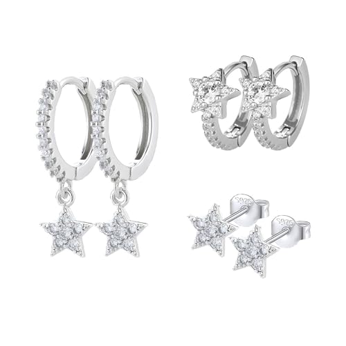 HinDaLi 3 Paar Stern Ohrringe Sterling Silber 925 für Damen Mädchen Klein Ohrringe Creolen mit Stern Anhänger Damen Ohrstecker Silber Diamant von HinDaLi