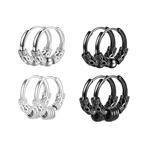 HinDaLi 4 Paar Edelstahl Ohrringe Creolen Silber für Herren Damen Mädchen Männer Schwarz Silber Kreolen Vintage Ohrringe Herren von HinDaLi