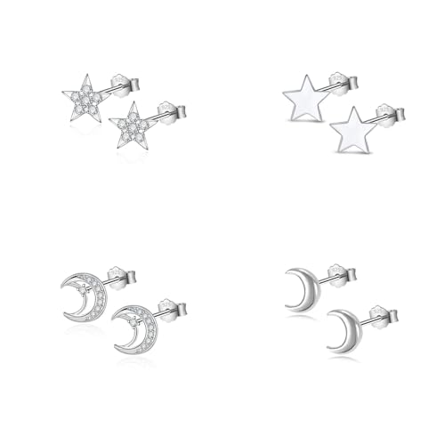 HinDaLi 4 Paar Ohrringe Stern Mond Silber 925 für Damen Mädchen Kinder Frauen Zirkonia Silber Ohrstecker Damen Ohrringe Mond Stern Ohrstecker Kleine Silberohrringe Diamant Brillant Knorpel Schmuckset von HinDaLi