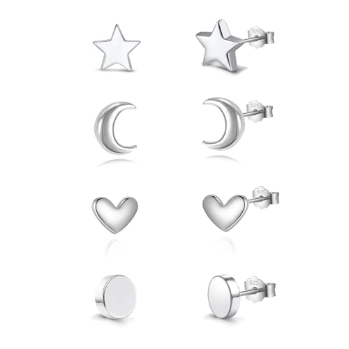 HinDaLi 4 Paar Ohrringe Silber 925 für Damen Herren Mädchen Silber Ohrstecker Stern Mond Runde Scheibe Herz Ohrringe Damen Stecker Klein Hypoallergen von HinDaLi