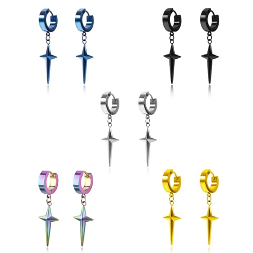 HinDaLi 5 Paar Edelstahl Kreuz Ohrringe für Herren Damen Männer Mädchen Schwarz Gold Silber Ohrringe Creolen mit Kreuz Anhänger Herren Silber Creolen Titan Piercing Ohrhänger Schmuck von HinDaLi