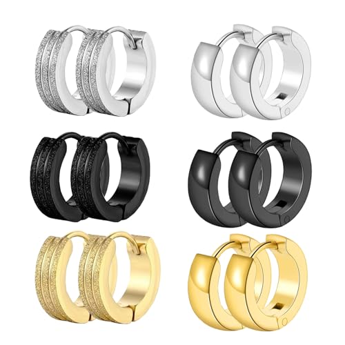 HinDaLi 6 Paar Ohrringe Creolen Silber Ohrringe Edelstahl Mädchen Ohrringe Herren Ohrringe Gold Klein Ohrringe Silber Creolen Ohrringe Damen Set Ohrringe Schwarz Herren Ohrringe für Männer Frauen von HinDaLi