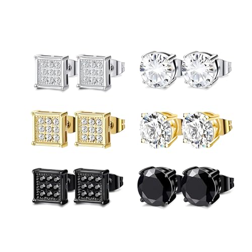 HinDaLi 6 Paar Edelstahl Ohrringe für Herren Damen Mädchen Silber Ohrstecker Quadratische Ohrringe Stecker Diamant Gold Schwarz Runden Ohrstecker Damen Set von HinDaLi