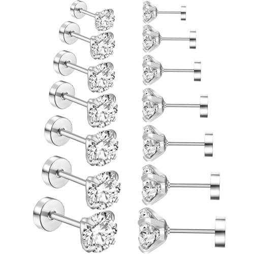 HinDaLi 7 Paar Edelstahl Ohrringe für Männer Mädchen Frauen Ohrringe Diamant Stecker Ohrringe Damen Silber Ohrstecker Herren Rund Ohrringe Herren Titan Ohrringe Silber Klein Helix Ohrringe Zirkonia von HinDaLi