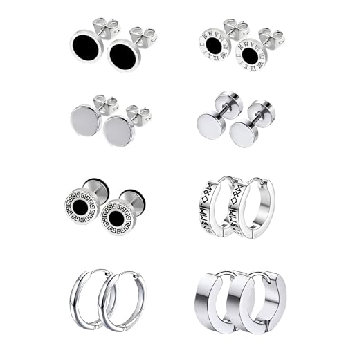 HinDaLi 8 Paar Edelstahl Ohrringe für Herren Damen Ohrringe Creolen Silber Ohrringe Wikinger Damen Ohrstecker Männer Silber Ohrstecker Herren Klein Ohrringe Silber Ohrringe Damen Stecker Set Tunnel von HinDaLi