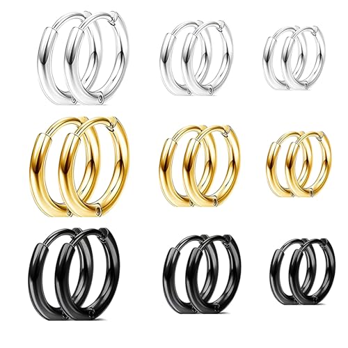 HinDaLi 9 Paar Ohrringe Creolen Silber Ohrringe Edelstahl Mädchen Ohrringe Herren Ohrringe Gold Klein Ohrringe Silber Creolen Ohrringe Damen Set Ohrringe Schwarz Herren Ohrringe für Männer Frauen von HinDaLi