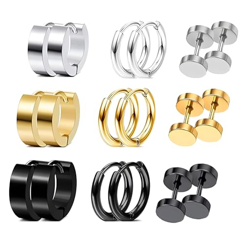 HinDaLi 9 Paar Set Edelstahl Ohrstecker für Herren Damen Ohrringe Creolen Klein Ohrringe Herren Schwarz Ohrringe Gold Ohrstecker Damen Ohrringe Tragus Piercing Ohrringe Damen Silber Runde Tunnel von HinDaLi