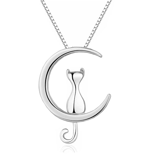 HinDaLi Halskette Damen Silber 925 mit Katze Mond Anhänger Silber Halskette Katze Damen Halskette Mond Halskette Anhänger Silber Kette mit Mond Katze Anhänger Silber Ketten Damen Kette Katze Mädchen von HinDaLi