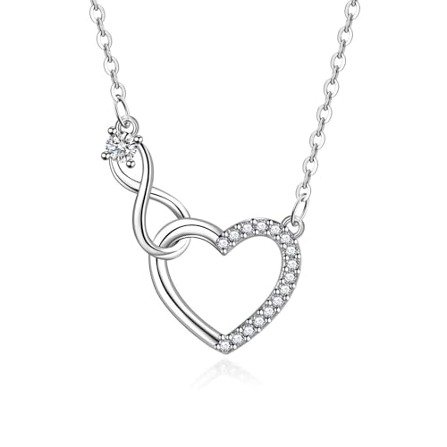 HinDaLi Herz Infinity Kette für Damen Mädchen Frauen 925 Sterling Silber mit Zirkonia Halskette Damen Silber 925 mit Infinity Herz Anhänger Runden Kristall Silberkette Halskette Unendlichkeitszeichen von HinDaLi