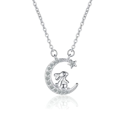 HinDaLi Kaninchen Mond Halskette Silber 925 für Damen Mädchen Frauen Kaninchen Anhänger Zirkonia Kette Silber Damen Mond Anhänger Diamant Silberkette Halskette Choker Glitzer von HinDaLi