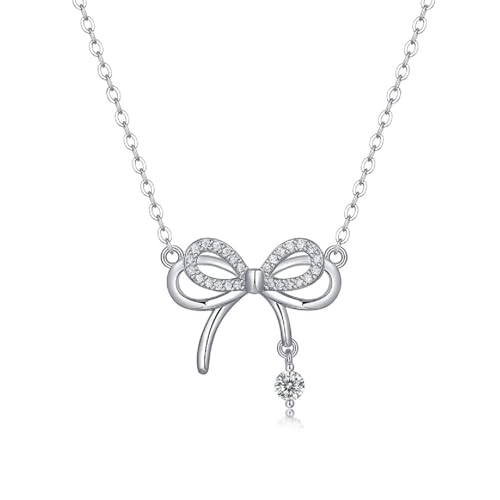 HinDaLi Schleifen Halskette Sterling Silber 925 für Damen Mädchen Frauen Kette mit Schleife Anhänger Kristall Silberkette Knoten Damen Kette Silber Zirkonia Runder Choker Halskette Schleife Schmuck von HinDaLi