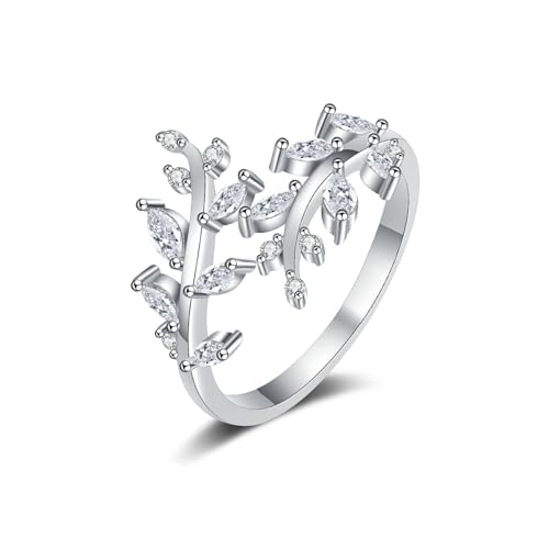 HinDaLi Zweig Blatt Ringe Offener Ring Verstellbar Ringe Sterling Silber 925 Fidget Daumenringe Zirkonia Verlobungsring Fingerring Olivenblatt Silber Ring Für Damen Mädchen Frauen von HinDaLi