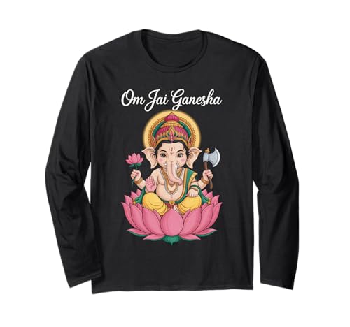 Spirituelle Ganesha Lotus Illustration Om Jai Spruch Frauen Männer Langarmshirt Spirituelle Ganesha Lotus Illustration Om Jai Spruch Frauen Männer Langarmshirt von Hindu Yoga Meditation Deity Indian God Graphic Gag