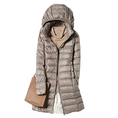 Damen Daunenjacke, lang, leicht, dünn, lässig, mit Kapuze, khaki, 38 von Hinewsa