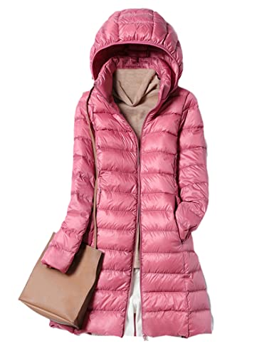 Damen Daunenjacke, lang, leicht, dünn, lässig, mit Kapuze, rose, 50 von Hinewsa