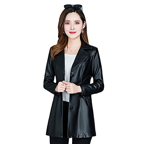 Damen Lederjacke Lang Herbst Winter Große Größe Lose Verdickung Slim Ledermantel Weibliche Mode Kleidung, Schwarz , 48 von Hinewsa