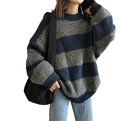 Frauen Oversized Dünner Pullover Vintage Streifen Lose Pullover Streetwear Herbst Strickpullover, blau, One size von Hinewsa
