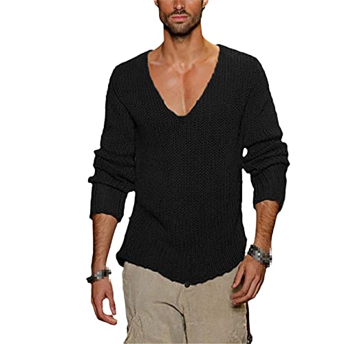 Frühling Herbst Pullover Herren Casual Pullover Männer Langarm Tiefer V-Ausschnitt Solide Strick Männer Pullover Streetwear, Schwarz , Large von Hinewsa