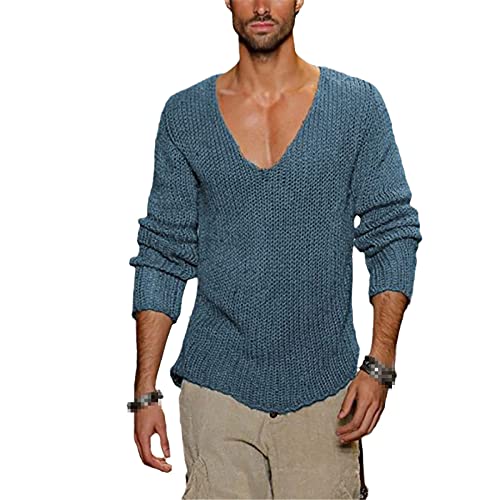 Frühling Herbst Pullover Herren Casual Pullover Männer Langarm Tiefer V-Ausschnitt Solide Strick Männer Pullover Streetwear, blau, Medium von Hinewsa