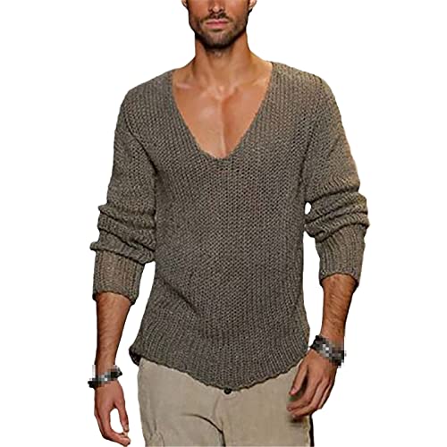 Frühling Herbst Pullover Herren Casual Pullover Männer Langarm Tiefer V-Ausschnitt Solide Strick Männer Pullover Streetwear, grau, X-Large von Hinewsa