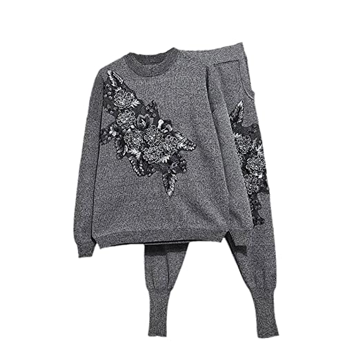 Herbst-Strickpullover, Damen-Set, modisch, Blumenmuster, langärmelig, Pullover Tops + lässige Hose, 2-teiliges Outfit, grau, 46 von Hinewsa