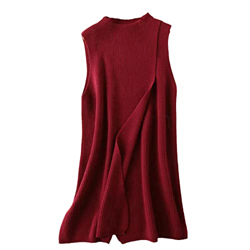 Herbst Winter einfarbige Strickweste Kaschmir Jacke Weste Weiblich Lang Halb Hoch Rundhals Ärmellos Wollpullover, burgunderfarben, 46 von Hinewsa