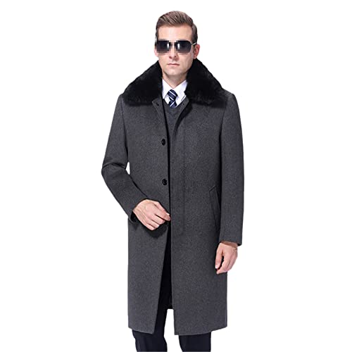 Herren Wollmantel Winter Wolle Langmantel Kaschmir Mäntel Warm Übermantel Erbsenmantel Männlich Pelzkragen Abnehmbarer Pelzfutter, grau, XXL von Hinewsa