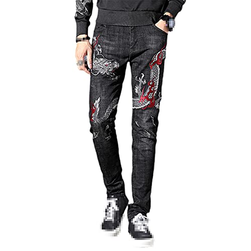 Hinewsa Herren Chinesische Drachen Stickerei Jeans Mode Slim Straight Stretch Denim Hosen Hosen, Schwarz , 42 DE/W Regulär von Hinewsa