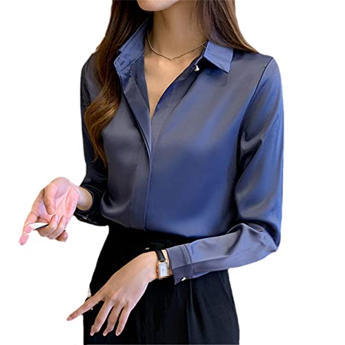 Hinewsa Seidenhemden für Damen, weißes Hemd, Langarm-Shirts, Bluse, Büro, Dame, Satin, Seide, Bluse, Tops, Übergröße, Basic-Shirt, Oberteil, blau, M von Hinewsa