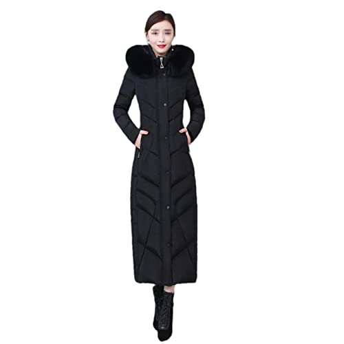 Knöchellange Fellkapuze flauschige Daunenmäntel Damen Winter Mode großer Pelzkragen dickere warme Daunenmantel, Schwarz , 46 von Hinewsa