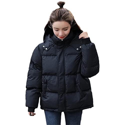 Kurze Winterjacke Frauen Warm Kapuzen Daunenjacke Baumwolljacke Parkas Weiblich Beiläufige Lose Koreanische Baumwolle Gepolstert Mantel Outwear, Schwarz , 36 von Hinewsa