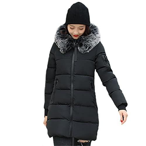 Lose Lange Damen Winterjacke mit Kapuze und Pelzkragen Warm Dicker Parka Baumwolle Gepolstert Weiblich Mode Damen Mantel Parkas, Schwarz , 48 von Hinewsa