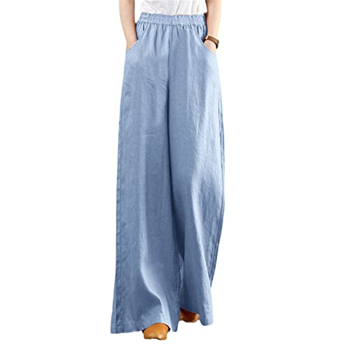 Oversize Frauen Lose Baumwolle Leinen Hose Basic Hohe Taille Breites Bein Hose Lässige Lange Hose, hellblau, L von Hinewsa