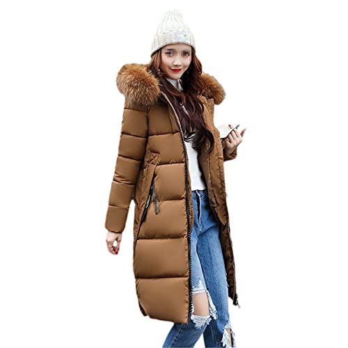 Parka Damen Lange Daunen Baumwolle Winterjacke Casual Pelzkragen Hooded Female Warm Dicke Oberbekleidung Plus Size, Karamellfarben, 42 von Hinewsa