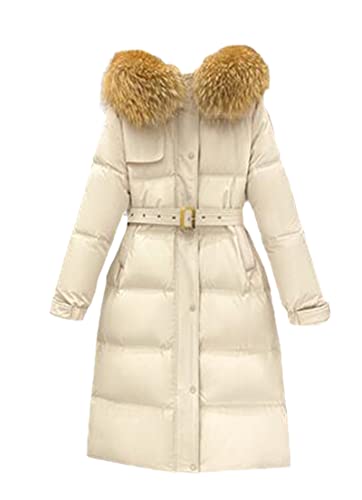 Pelz Lange Daunenjacke Frauen Weiße Entendaunen Mantel Lose Kapuze Dicker Parkas Weiblicher Übermantel Mit Gürtel, a, 42 von Hinewsa