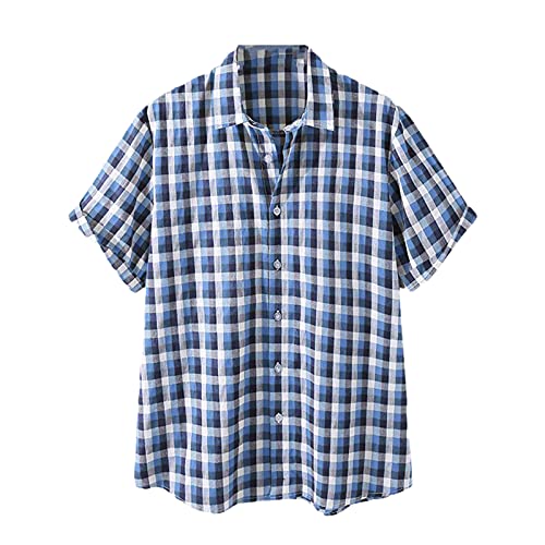 Sommer Herren Plaid Hemd Baumwolle Umlegekragen Knopf Kurzarm Casual Männer Kleidung Vintage Freizeithemd, blau, XL von Hinewsa