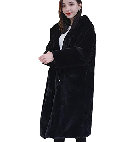 Wintermantel Frauen Kunstpelz Mantel Koreanisch Kapuzen Lange Jacke Lose Dicke Warm Faux Pelz Jacke, Schwarz , 46 von Hinewsa