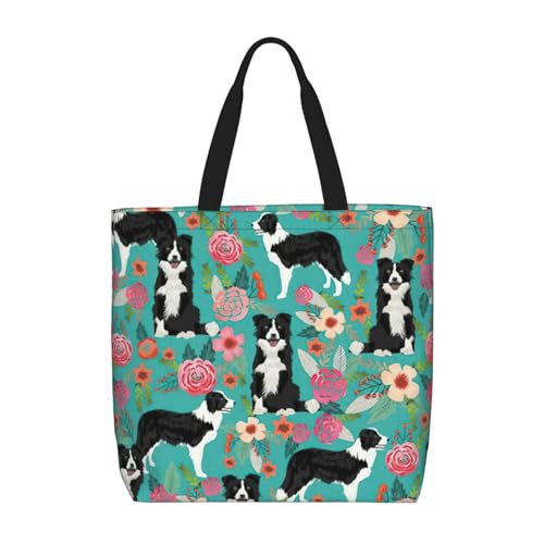 Border Collie Schultertasche mit Blumenmuster, modisch, mit Reißverschluss, lässige Handtasche, Shopper für Arbeit und Reisen von Hingor