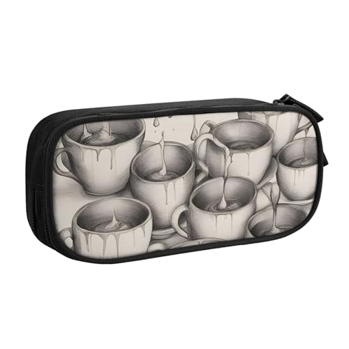 Handgezeichnetes Federmäppchen mit Teekannen und Tassen, großes Fassungsvermögen, Stifteetui, Tasche, Halter, Schreibwaren, Schreibtisch-Organizer mit Reißverschluss, für Schule und Büro, Schwarz von Hingor