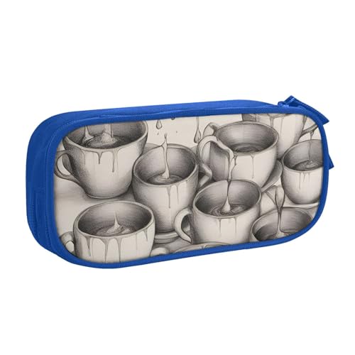 Handgezeichnetes Federmäppchen mit Teekannen und Tassen, großes Fassungsvermögen, Stifteetui, Tasche, Halter, Schreibwaren, Schreibtisch-Organizer mit Reißverschluss, für Schule und Büro, blau von Hingor