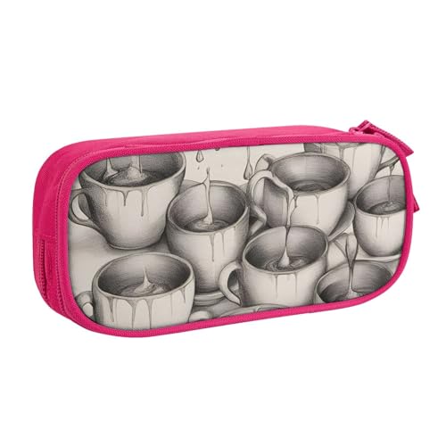Handgezeichnetes Federmäppchen mit Teekannen und Tassen, großes Fassungsvermögen, Stifteetui, Tasche, Halter, Schreibwaren, Schreibtisch-Organizer mit Reißverschluss, für Schule und Büro, rose von Hingor