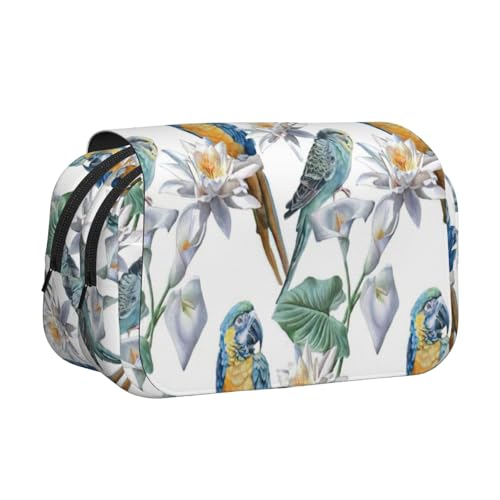 Hingor Federmäppchen mit modischem Papageien auf Zweigen, doppellagig, Reißverschluss, transparent, Make-up-Tasche, Kosmetiktasche, Mehrzwecktasche von Hingor