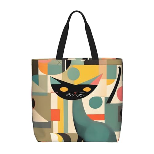 Mid-Century Moderne Kunst Katze Druck Mode mit Reißverschluss Schultertasche Casual Handtasche Shopper Tasche für Arbeit Reisen von Hingor