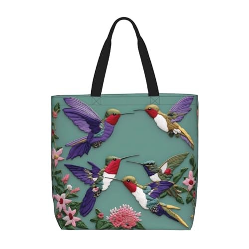 Schultertasche mit Blumenmuster, Kolibri-Stickereien, modisch, mit Reißverschluss, lässige Handtasche, Shopper für Arbeit, Reisen von Hingor