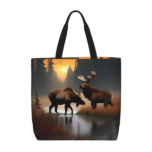 Schultertasche mit Hirschbär-Elch-Aufdruck, modisch, mit Reißverschluss, lässige Handtasche, Shopper für Arbeit, Reisen von Hingor