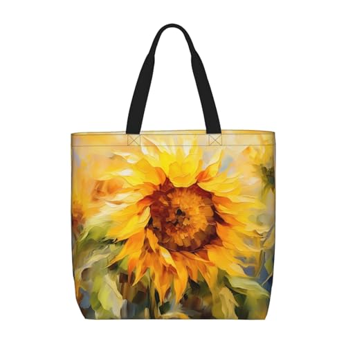 Schultertasche mit Sonnenblumen-Motiv, handbemalt, Blumendruck, modisch, mit Reißverschluss, lässige Handtasche, Shopper für Arbeit, Reisen von Hingor